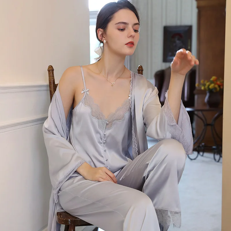 

CRLAYDK New in 3 Pieces Women Pajamas Set Cami Top with Long Pants Cardigan Silk Nightwear Lace Soft Loungewear Robes Sleepwear