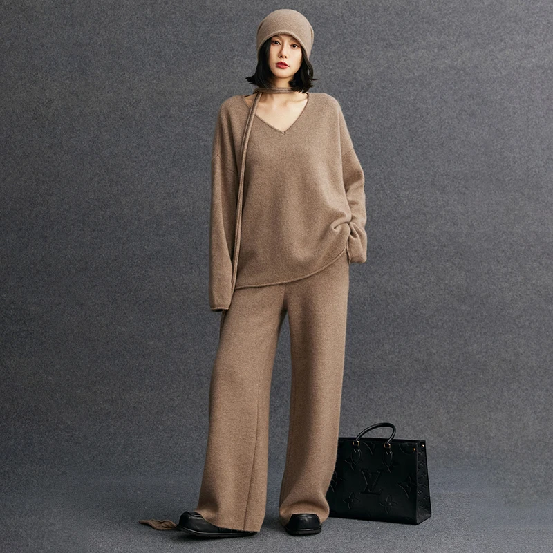 Women's matching set 100% cashmere loose rolled edge V-neck pullover sweater casual solid knitted wide leg pants two-piece set 6
