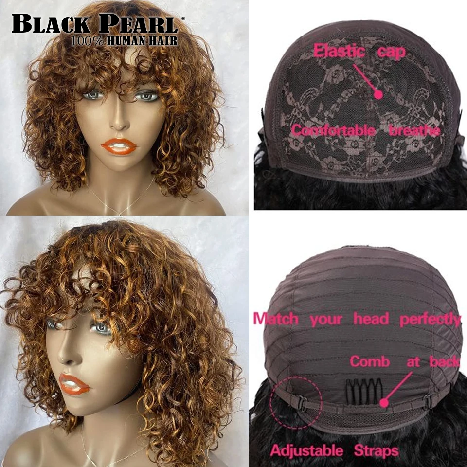 Human Hair Wigs Deep Wave Short Bob Human Hair Wigs With Bangs Curly Wig Mix Brown Color Highlight