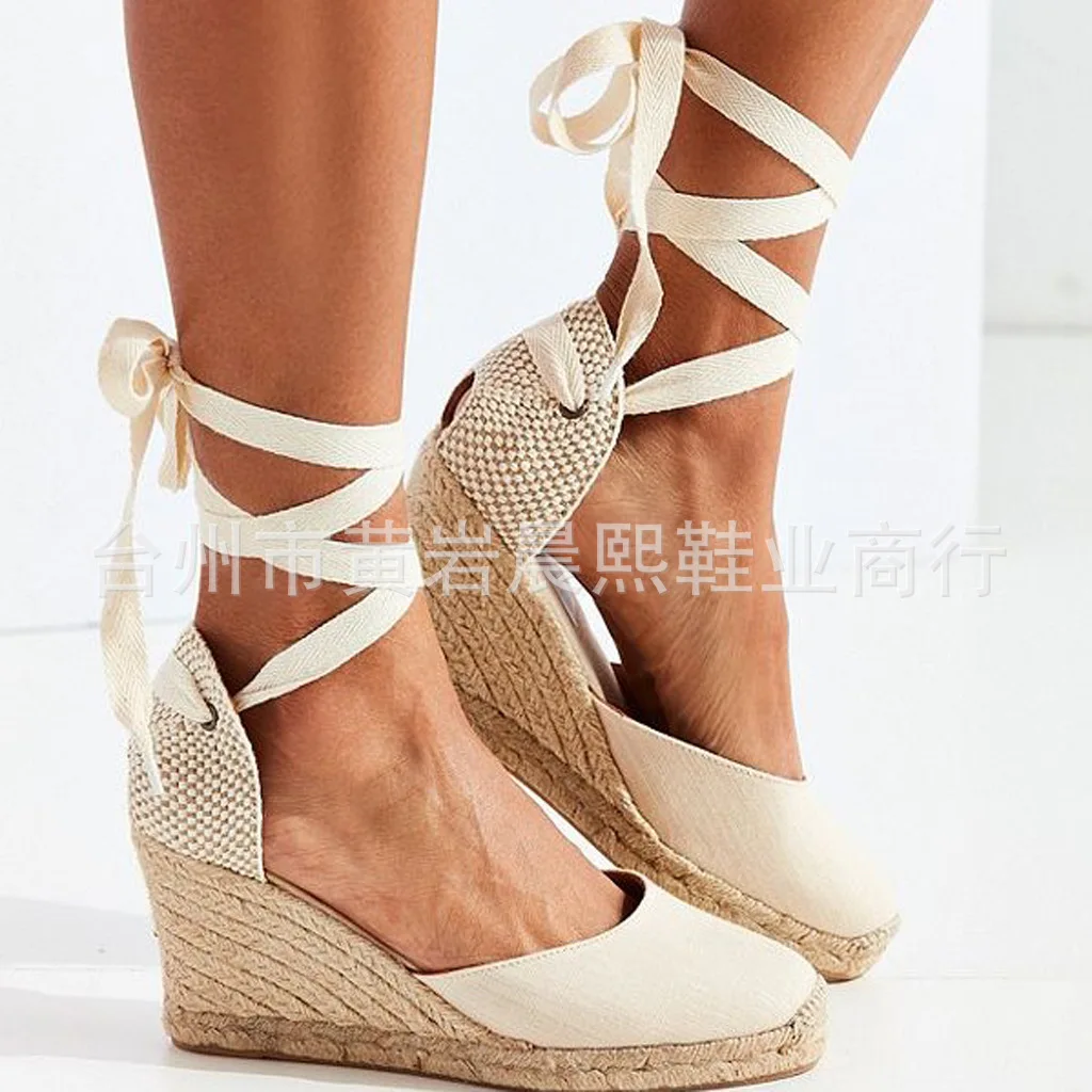 2023 Women's Espadrille Ankle Strap Sandals Comfortable Slippers Ladies Womens Casual Shoes Breathable Flax Hemp Canvas Pumps