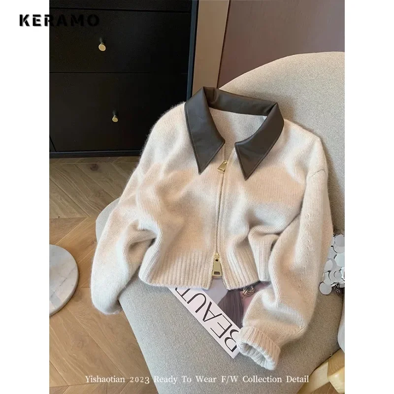 

2023 Winter Office Lady Luxury Knitting Long Sleeve Casual Cardigans Women's Fashion Turn Down Collar Patchwork Zipper Sweater
