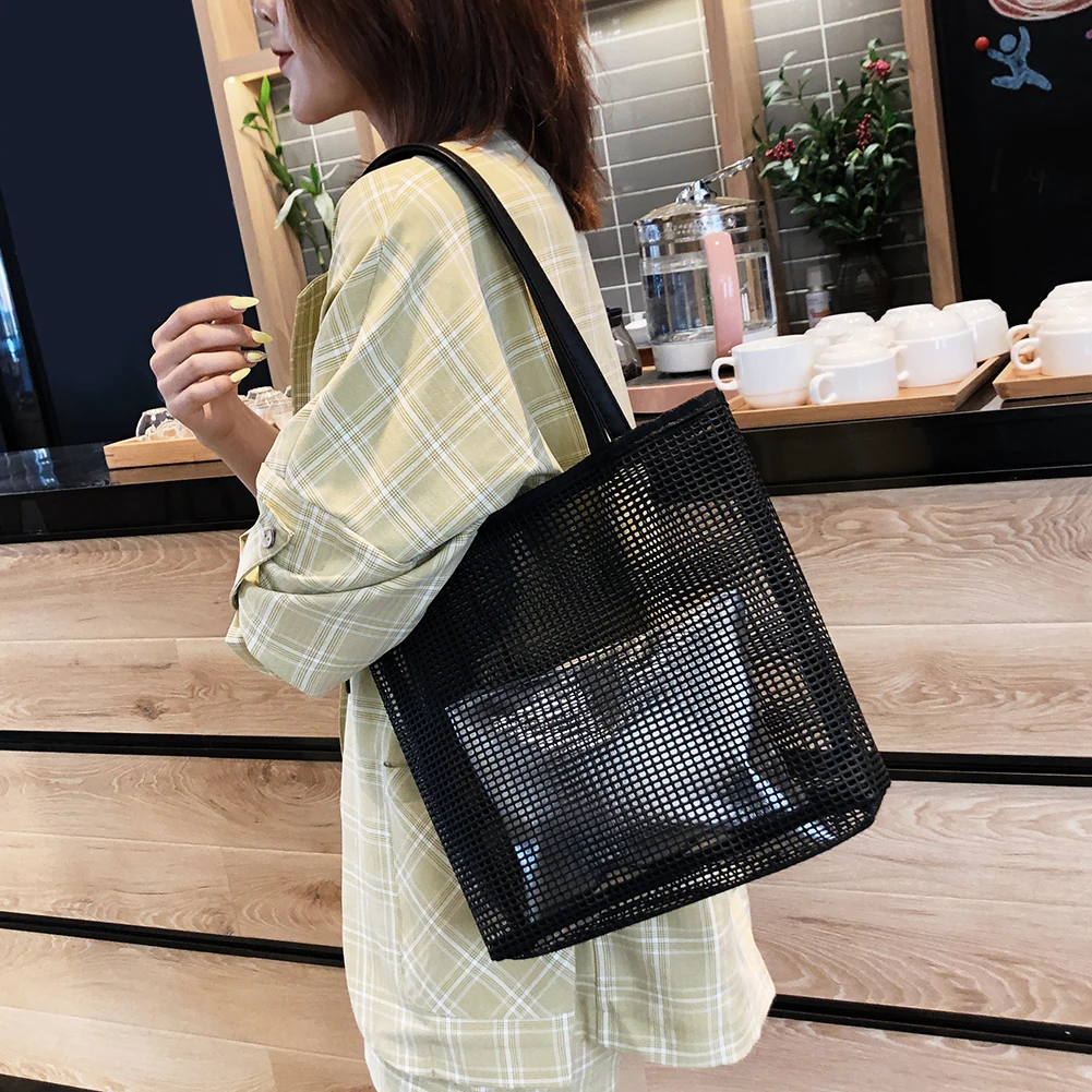 Women's Shoulder Handbags Large Capacity Shoulder Pack Beach Portable Mesh Bag Handbags Travel Bathing Pack Transparent Mesh Bag