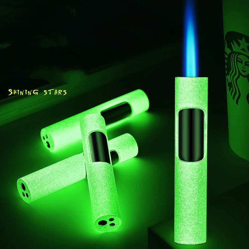 Luminous Lighter Butane Gas Lighter Straight Jet Blue Flame Glowing Lighters Smoking Cigar Accessories Men's Gift