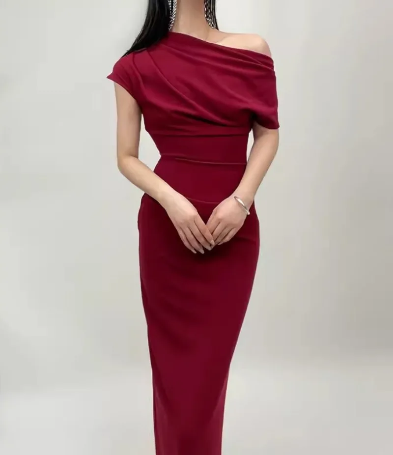 

Elegant Red Dress for Women Slash Neck Short-sleeve Evening Party Dresses Lady Business Chic Solid Color Sheath Clothing Summer