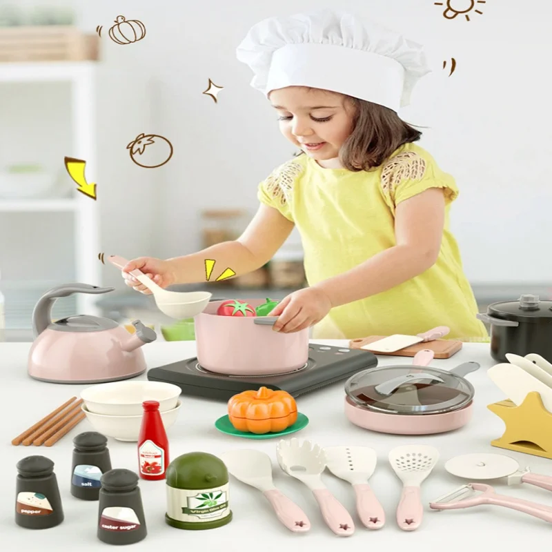 Children Play House Simulation Kitchen Cooking Toys for Kids Boys and Girls Cutting Fruit Cooking Game Kitchen Utensils Toy Set
