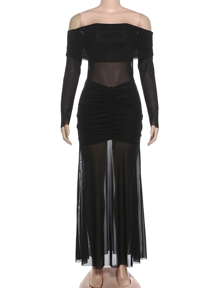 Nibber Patchwork Mesh Maxi Dress Women Slash Neck Full Sleeve Peach Butt Folds Classic Prom Party Fashion Elegant Chic Vestidos