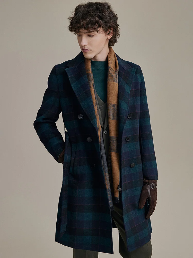 

50% Wool Men Long Jackets With Belt Casual Thick Woolen Coats Fashion Man Plaid Double Breasted Korea Style Winter Warm Clothing