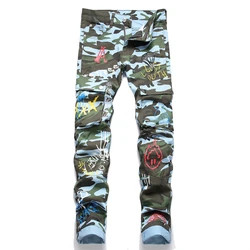 Men's Fashion Multi-Pocket Cargo Camouflage Jeans Color Letter Print Slim Denim Pants Street Patchwork Casual Pants