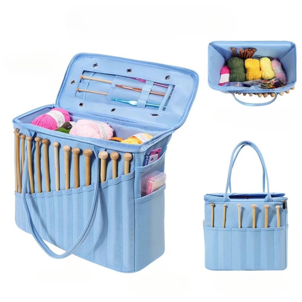 Large Capacity Organizer Canvas Yarn Storage Bag Solid Crochet Bag with Multi-layer Pockets for Hooks Knitting Needles