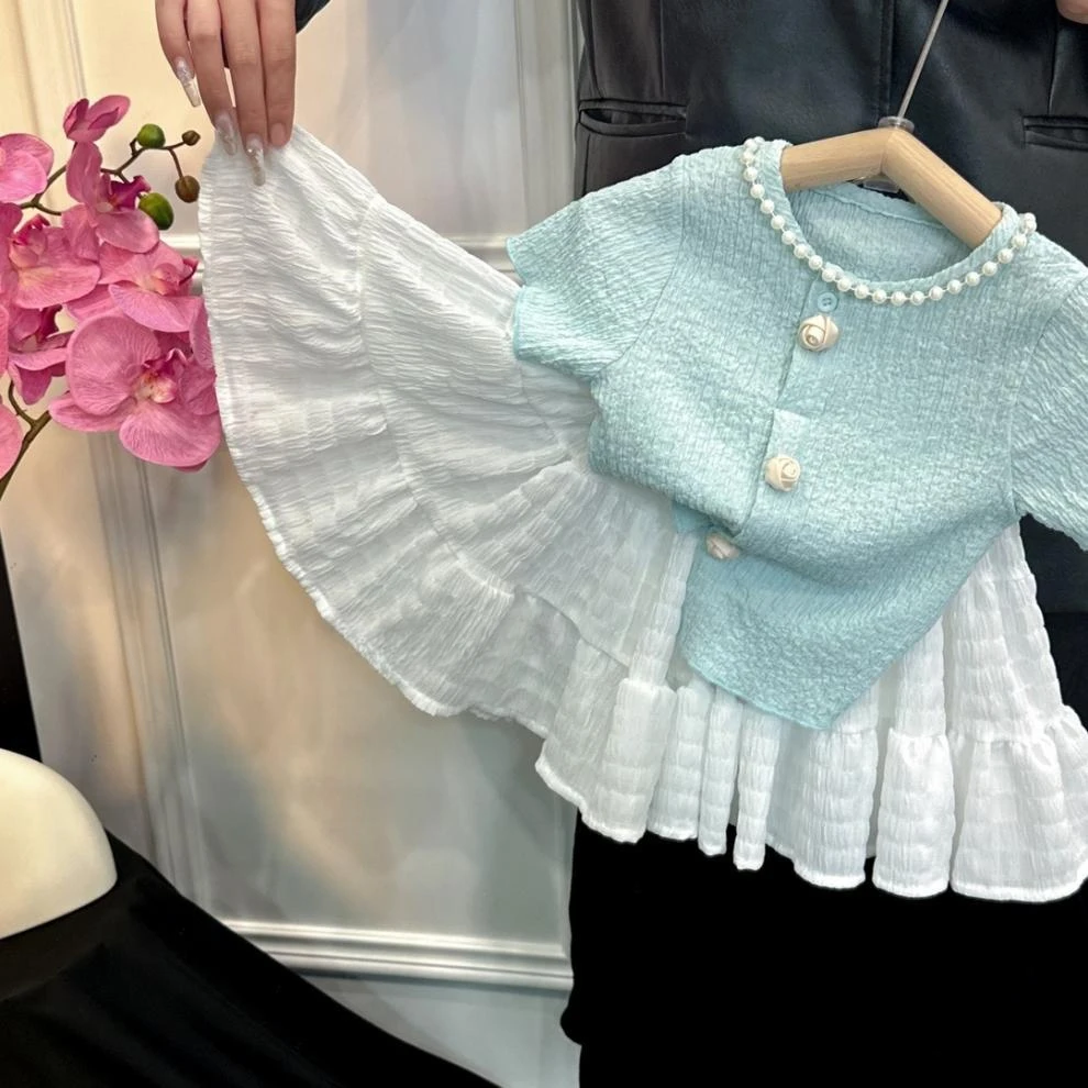 

Летний комплект для девочек, синий топ с коротким рукавом и белая юбка, Модная и удобная одежда для младенцев, пуховая одежда для девочек от 2 до 8 лет