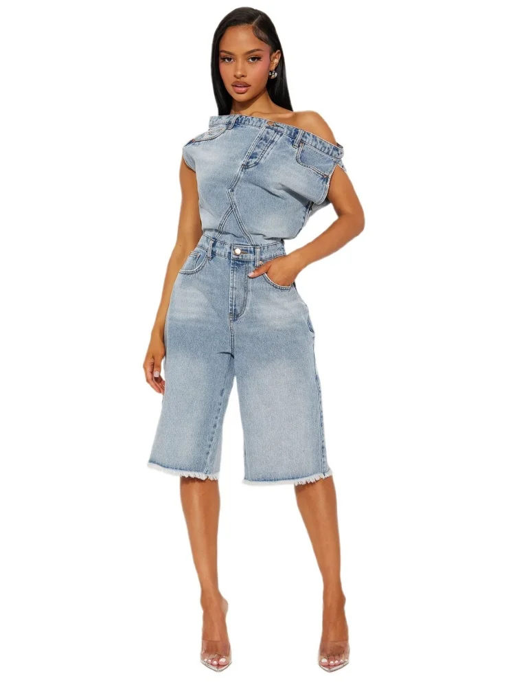 Wmstar Jumpsuits Rompers Wholesale New European American Casual Fashion Strapless One Shoulder Slimming Denim Summer 2025