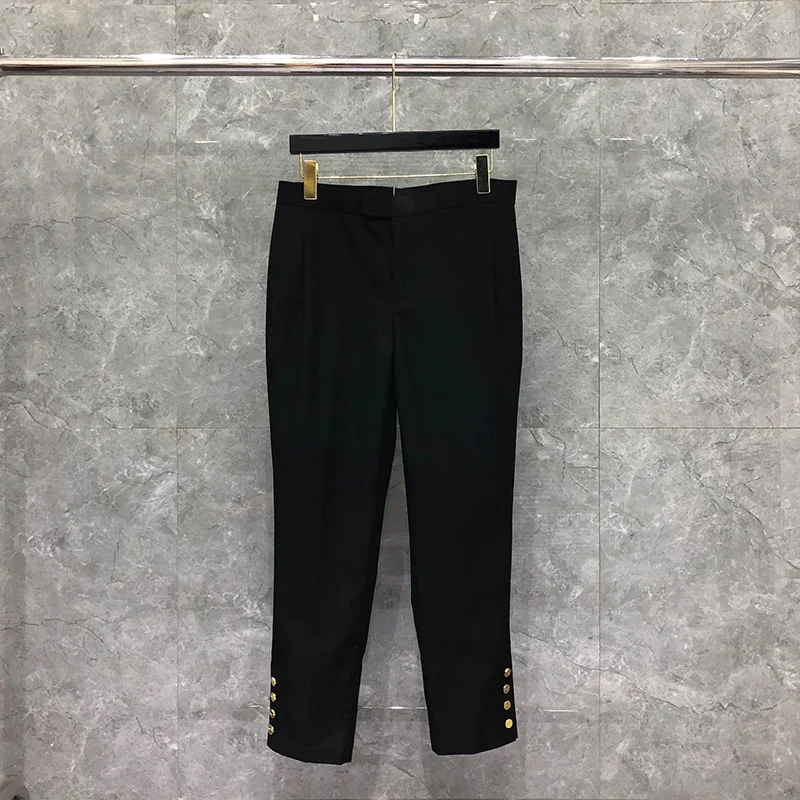 

TB Gold Button Luxury Pants Four Seasons Slim Fit Men's Pants Fashion Brand Casual Business Black Formal cropped pants