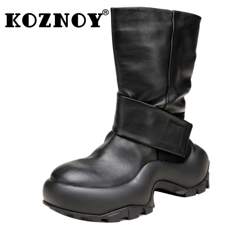 

Koznoy 6.5cm Knitted Moccasins retro Spring Pump Slip on Genuine Leather Autumn Women Knee High Ankle Boots Platform Wedge Shoes