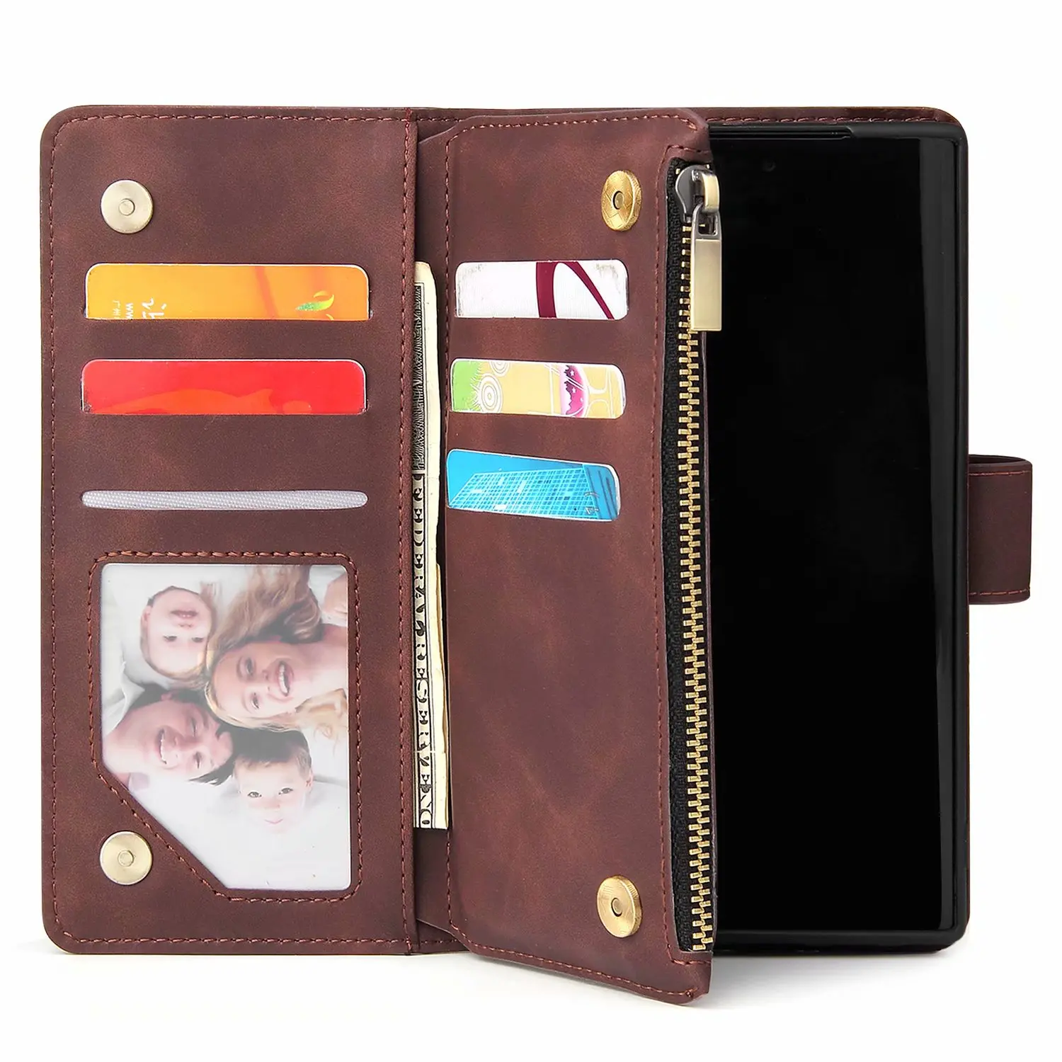 Luxury Leather Wallet with Magnetic Zipper - Retro Flip Card Stand Mobile Case