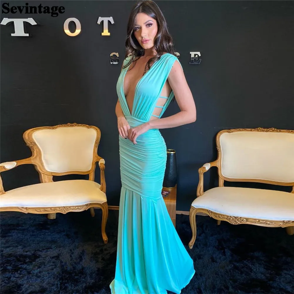 

Sevintage Sexy Indigo Satin Prom Dress Mermaid Deep V-Neck Pleat Ruched Floor Length Simple Party Gown vestidos de gala 2024