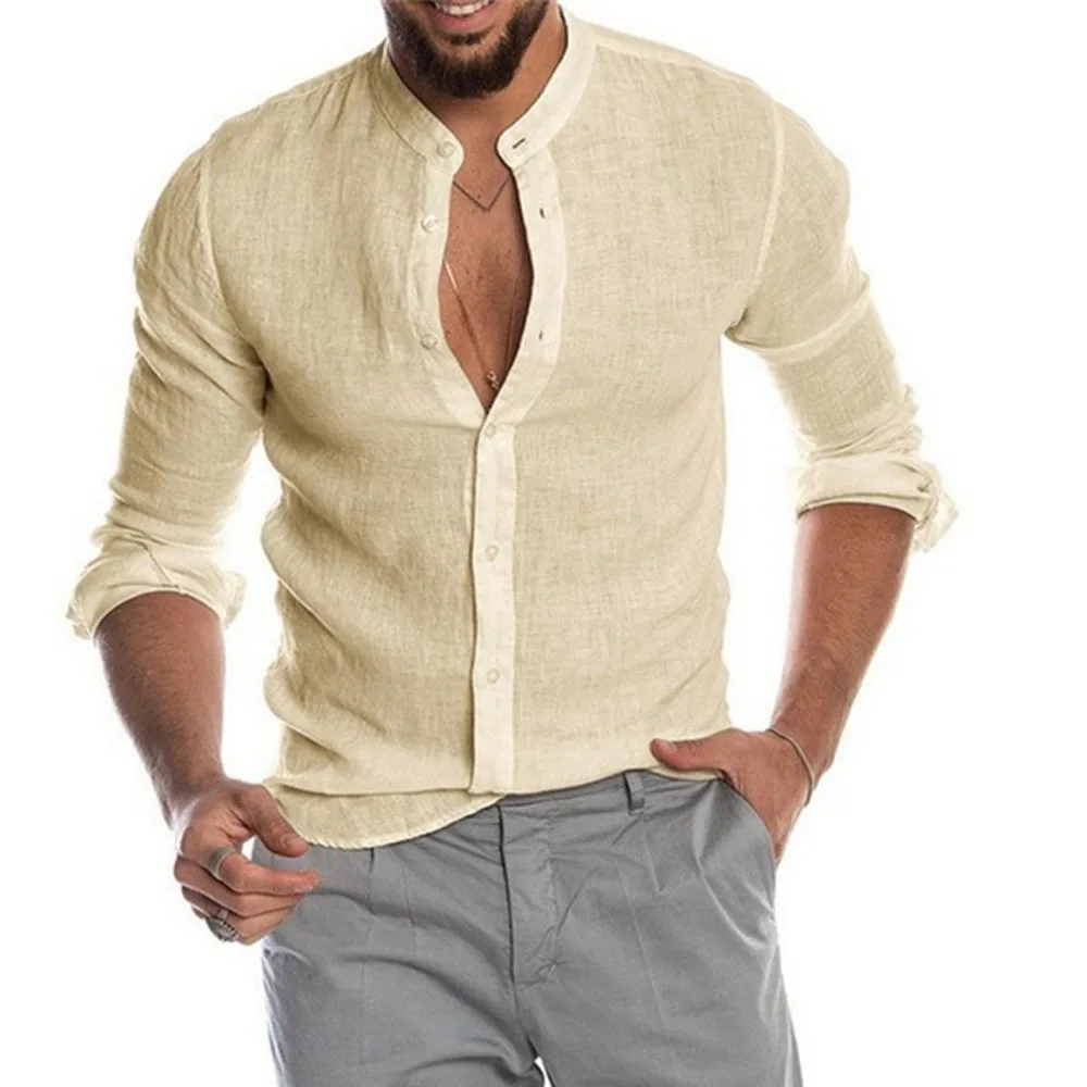Cotton Linen Men Summer Blouse Long Sleeve Shirt