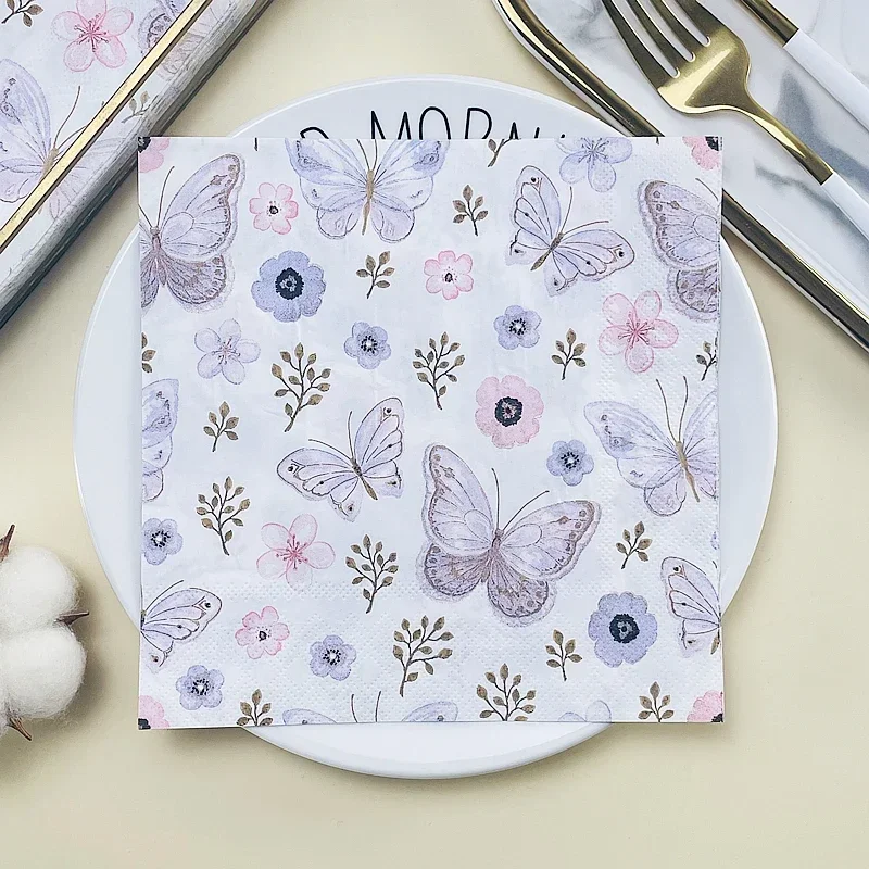 Disposable Tableware Paper Napkins Disposable Colorful Printed Napkins Butterfly Design Hotel Cafe Party Wedding Square Paper Napkin Placemats Food Grade Napkin