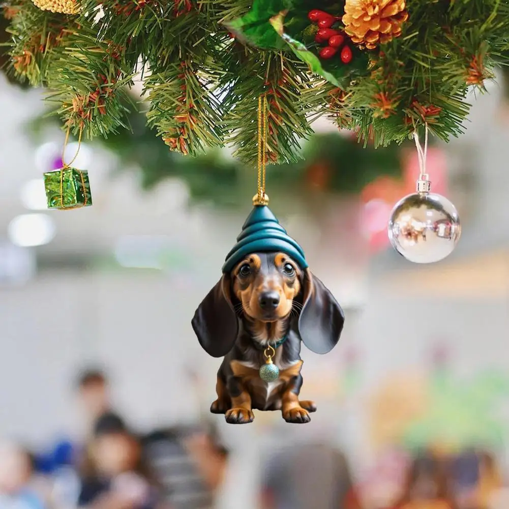 Cartoon Puppy Pendant Christmas Funny Sausage Dog Car Decoration Pendant Acrylic Flat Christmas Tree Noel Navidad