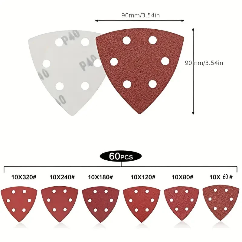 Triangle Sanding Pads 60pcs Mouse Sander Pads Sandpaper With 6 Holes 60/80/120/180/240/320 Grits For Delta Sanders/Multi-Sanders sanding disc