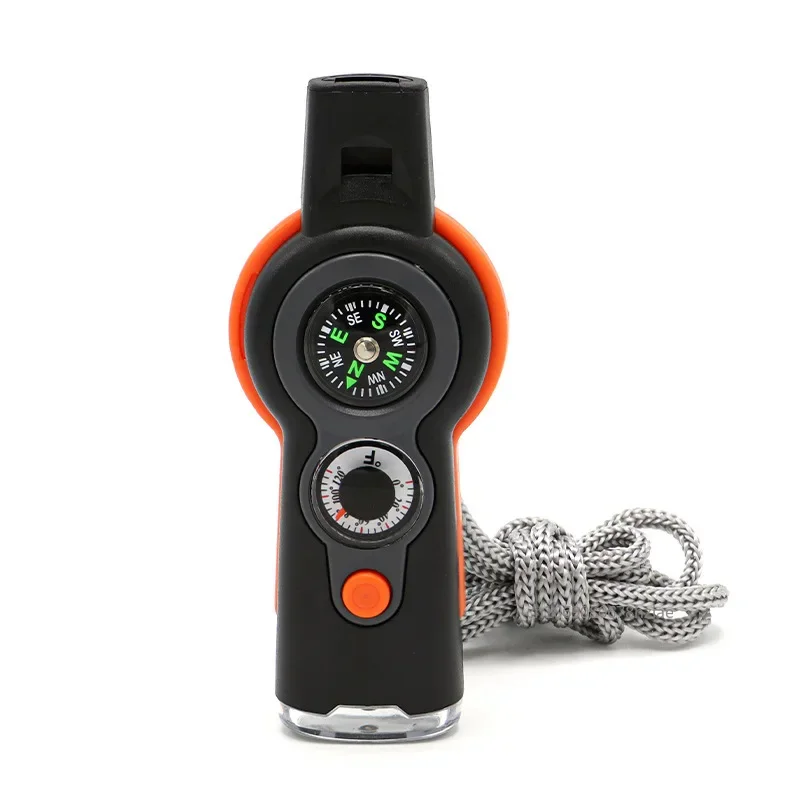 7-in-1 Multifunctional Whistle Outdoor Camping Survival Whistle with LED Light Thermometer Compass Hiking Travel Accessories