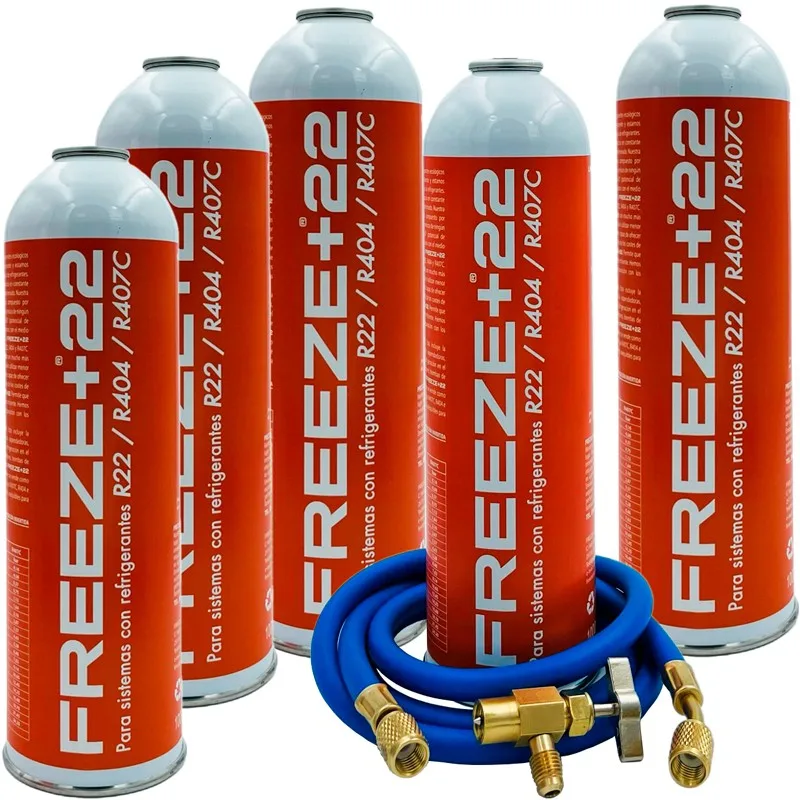 Pack 5 Bottiglie Gas Refrigerante Eco-Friendly Freeze + 22 R22-R404-R407C + 5/16 Tubo Di Ricarica X1/4 + Valvola
