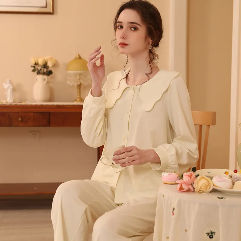 SXTHAENOO 2023 New Fashion Elegant Pajamas Set French Solid Color Loose Long Sleeved Sleepwear пижама женская pijama mujer