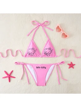 Y2K Hello Kitty Print Pink Triangle Bikini Set Women's Cute KT cat Tie Side Two Piece Swimsuit for Beach Vacation 1