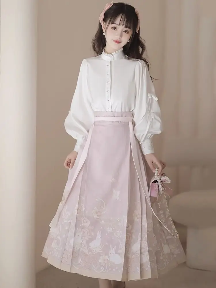 Autumn Ming Dynasty Lace Collar Long Sleeved Shirt Rabbit Printed Horse Face Skirt Women Improved Chinese Style Hanfu Dresses