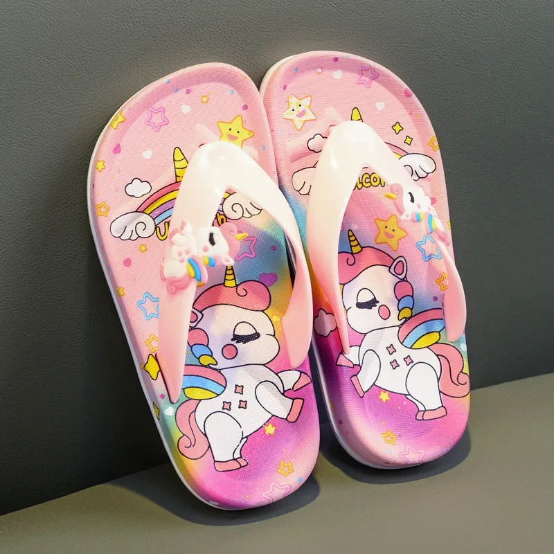 

Cute Unicorn Flip-flops Girls 2022 Summer Indoor Home Bath Non-slip Sandals Children Princess Clip-on Flat Beach Shoes Slippers