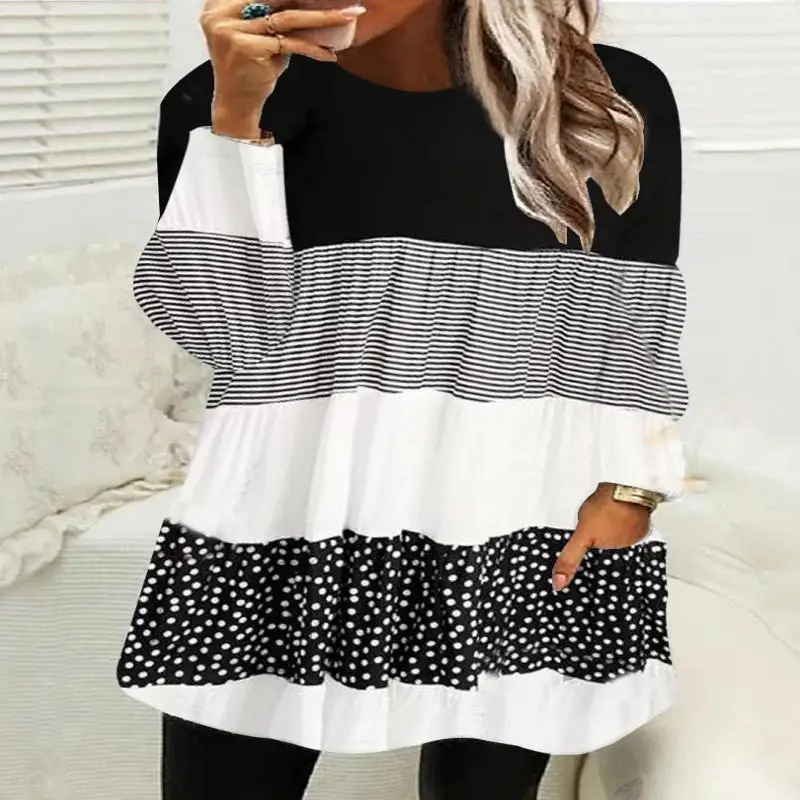 

Plus Size Women Long Sleeve Scoop Neck Stitching Pockets Tops