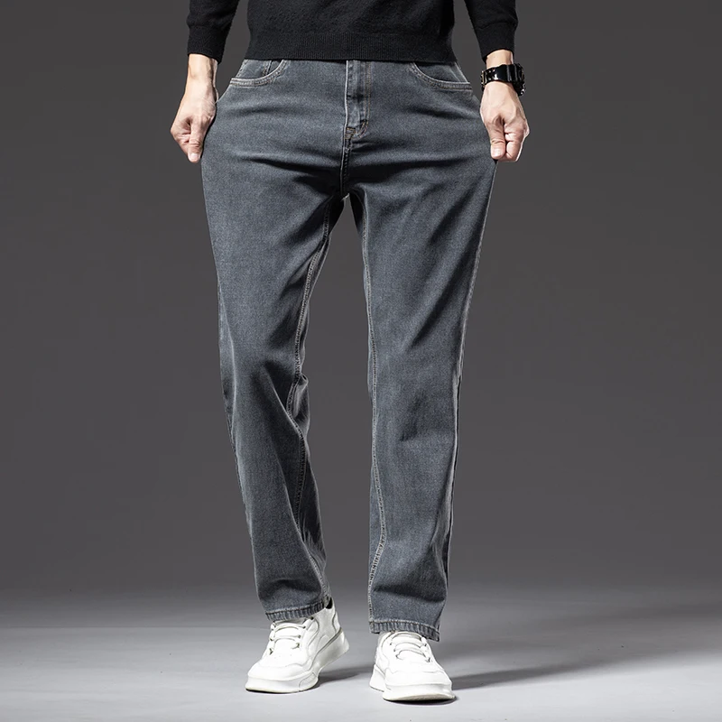 Plus Size 40 42 44 New Autumn Men's Blue-grey Straight-leg Jeans Business Casual Cotton Stretch Denim Pants Male Brand 3