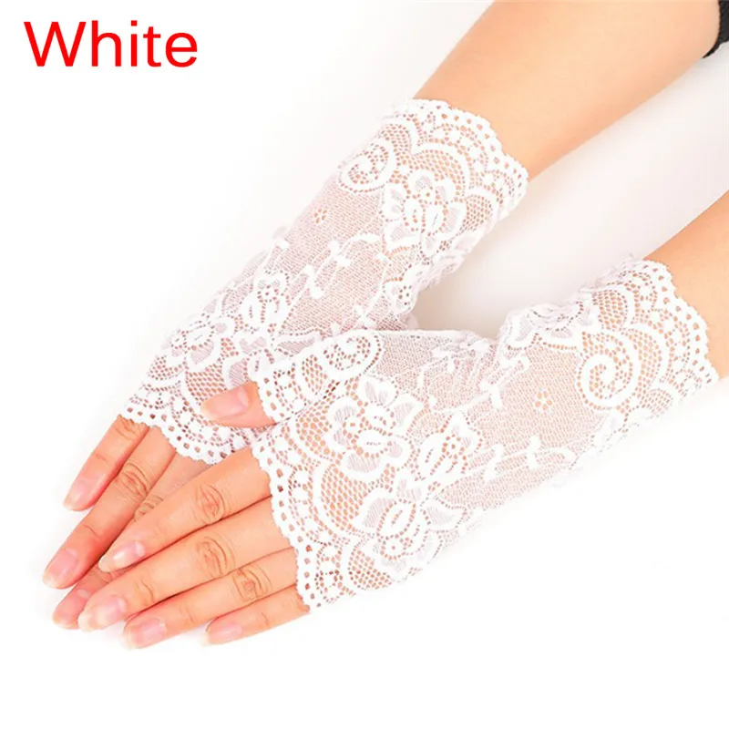 Lady's Fingerless Sexy Black Floral Lace Gloves Summer Thin UV-Proof Driving Gloves Gothic Short Hollow White Red Party Gloves
