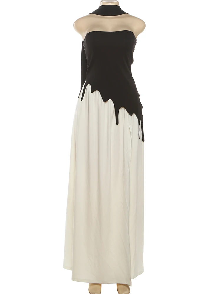 Nibber Elegant 3 Piece Set Woman Sexy Backless Irregular Corset Top+Solid Scarf+High Splits Ruched Skirt Contrast Patchwork Suit