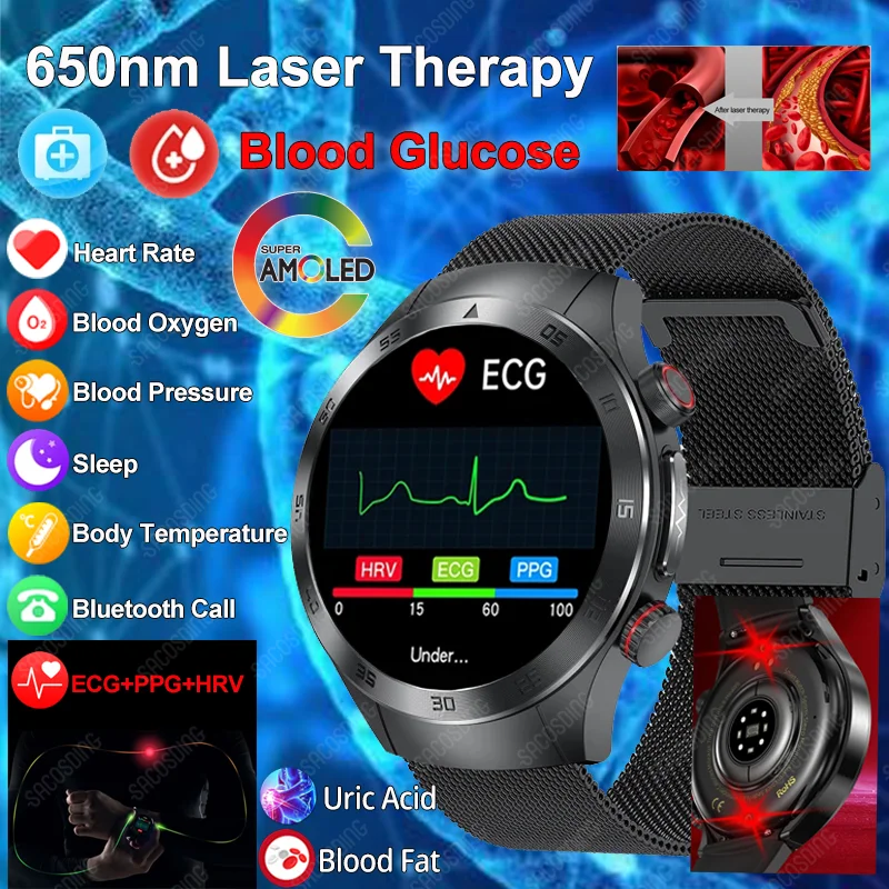 Laser Therapy Smart Watch Blood Glucomb Lipid Monitor Dell'Acido Urico Ecg + Ppg Health Smartwatch Bluetooth Call Bracciali Fitness