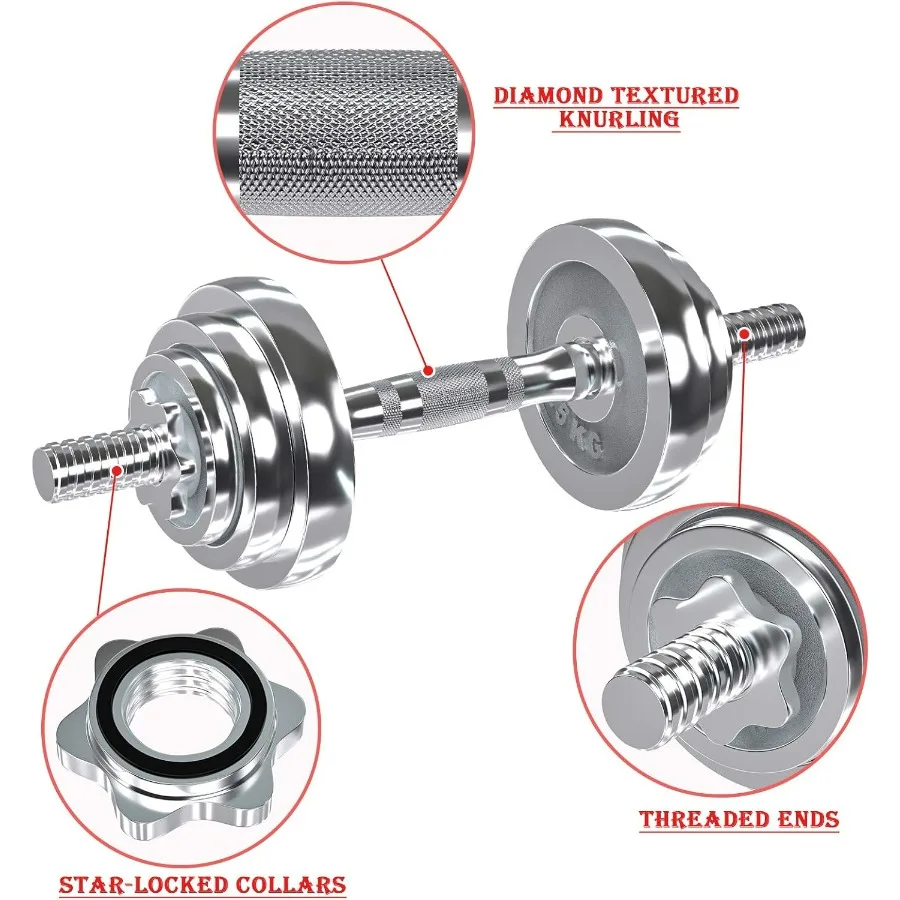 Fitness Dumbbells Set, Adjustable Weight Sets up to 44 lbs, with Metal Connecting Rod Used As Barbell, Chromed Weights, Hardcove