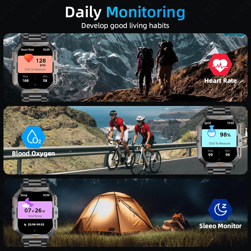 LIGE New Outdoor Military Smartwatch 430mAh Bluetooth Talking Smart Watch 2.01 Inch LED Sports IP68 Waterproof Fitness Watches