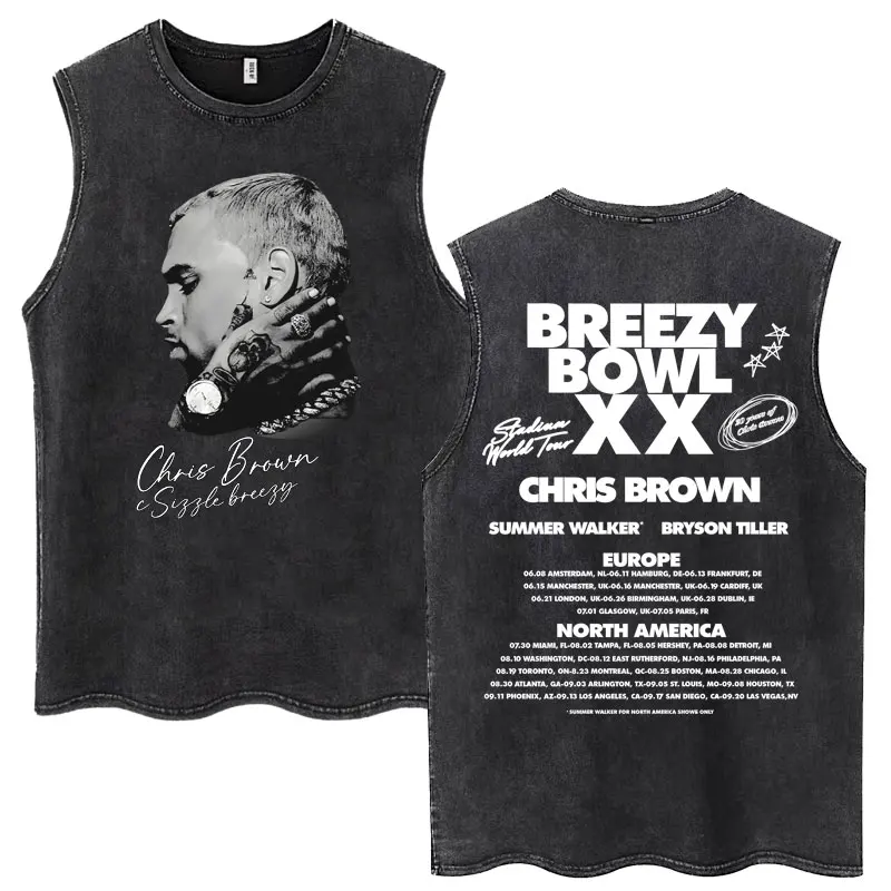 Rapper Chris Brown Breezy Bowl XX 2025 Tour Washed Tank Tops Hip