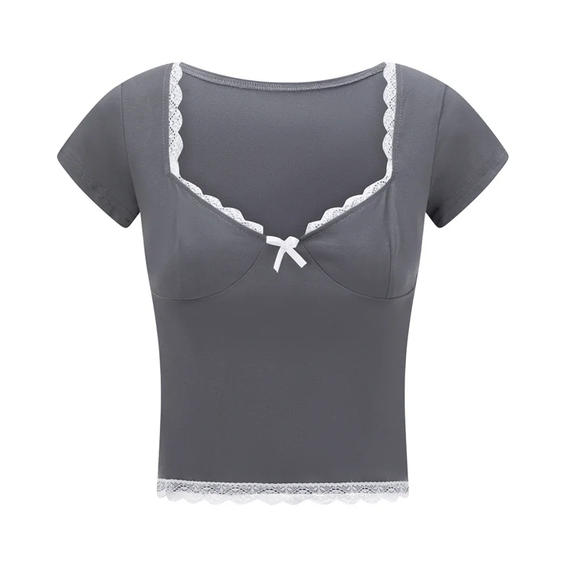 y2k Lace Trim Crop Top Women Sweetheart Neck Short Sleeve T Shirt with Bow Coquette Aesthetic Clothes 2000s Streetwear