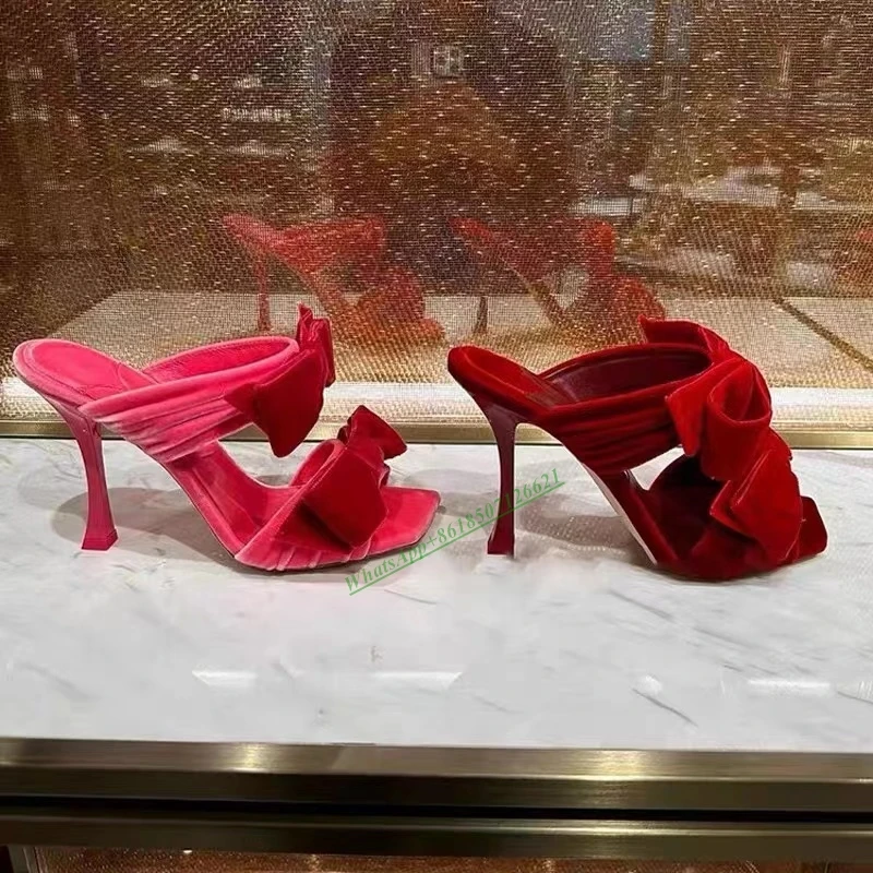 

2023 spring new square toe stiletto open-toed high-heeled shoes velvet bow high-heeled sandals for women
