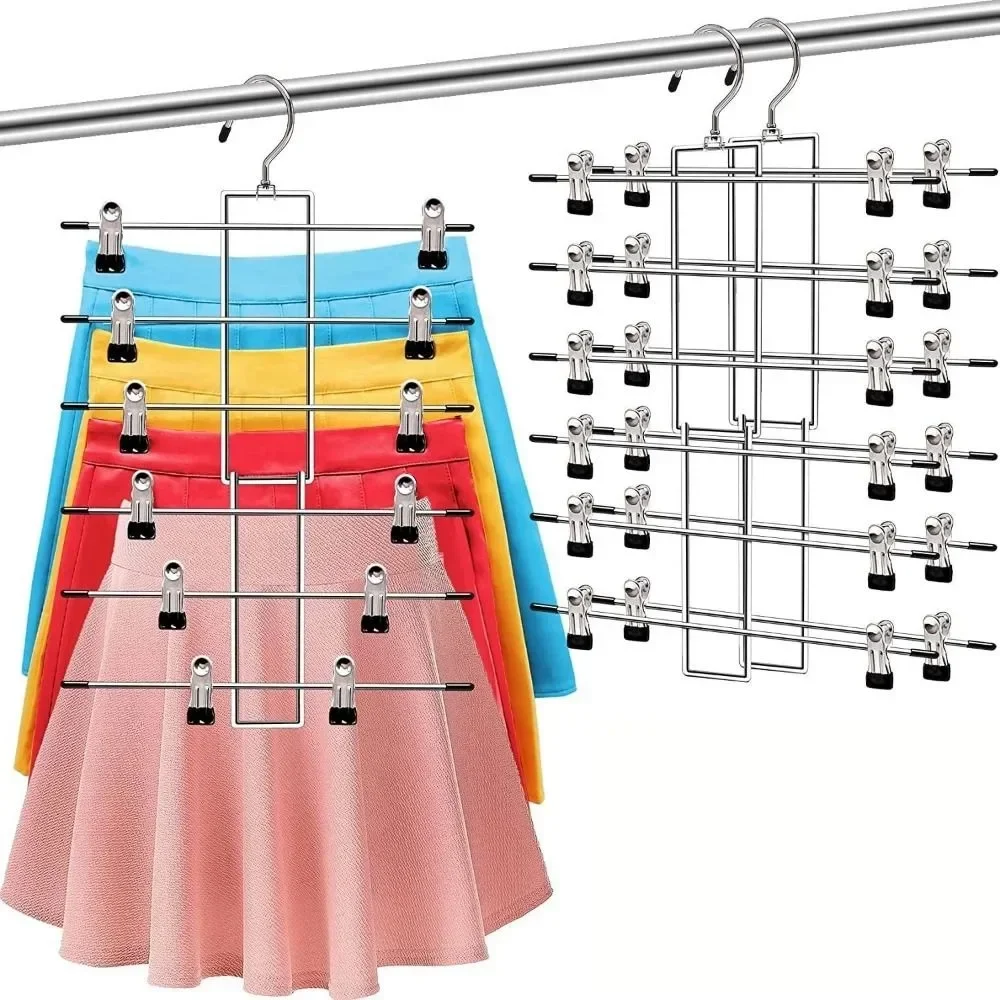 6-Layer Multi-Purpose Clothing Hanger | Non-Slip Metal Clips for Skirts & Trousers | Space-Saving Storage Organizer