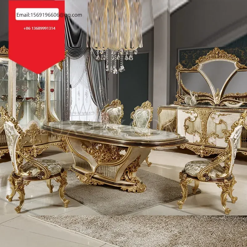 

Custom European large family dining table and chair French solid wood carved oval dining table high-end furniture customization