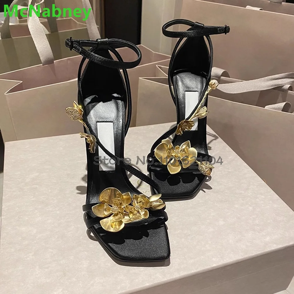 

Сандалии женские с квадратным носком, босоножки на высоком тонком каблуке, с ремешком на щиколотке, пикантные элегантные туфли с золотым и черным цветочным принтом, лето 2024