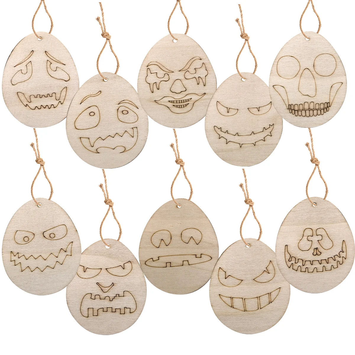10Pcs Wooden Scary Hanging Crafts Egg Face Ornament For Happy Halloween Party Home Decorations Kids DIY Painting Gifts Supply