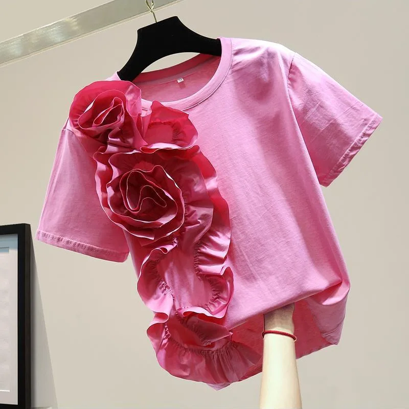 

Spring Elegant 3d Pleated Flower T Shirt Women Fashion Solid Round Neck Short Sleeve Tops 2024 Summer Casual Office Streetwear