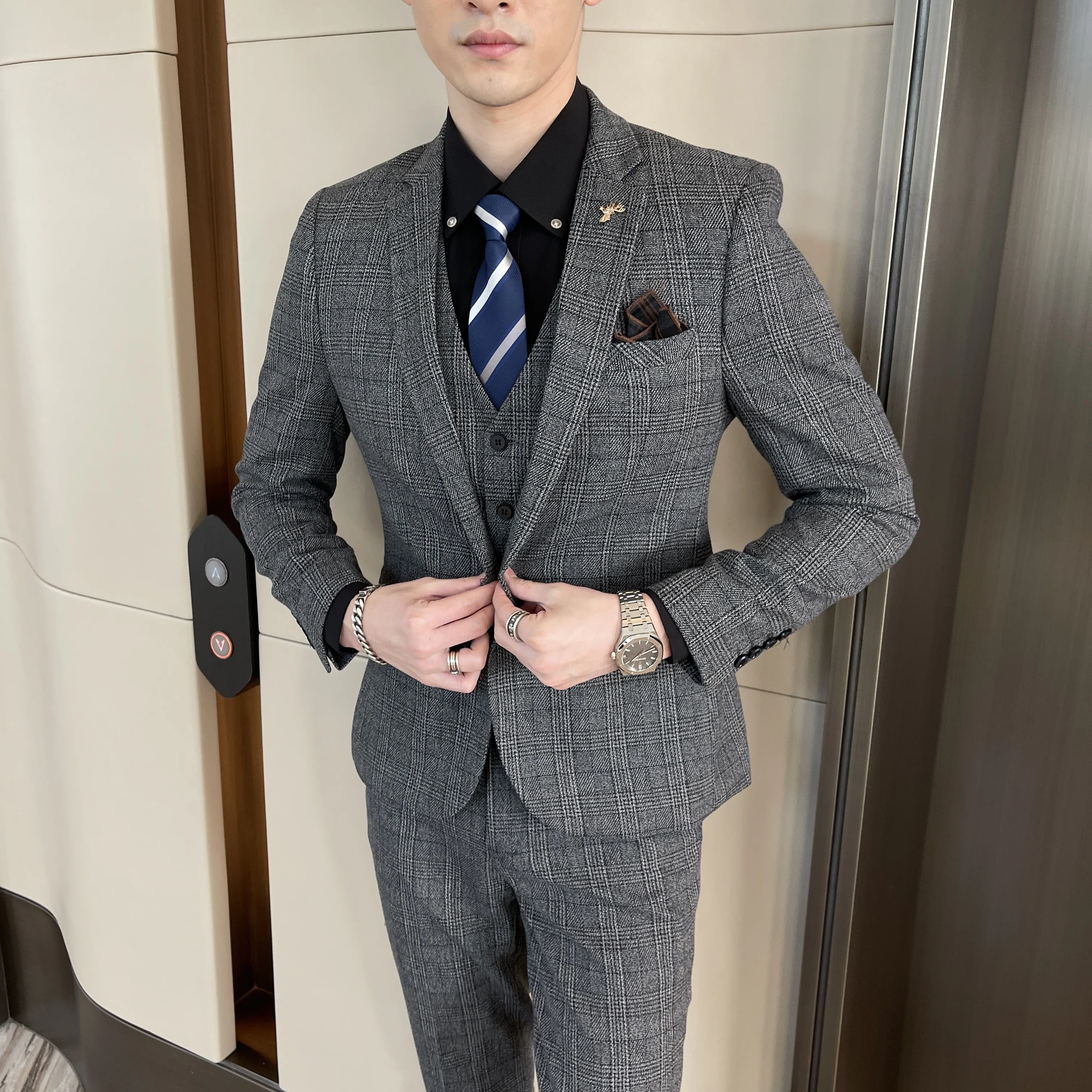 High quality fashion handsome all matching (suit + vest + trousers) leisure business trend boutique three-piece set