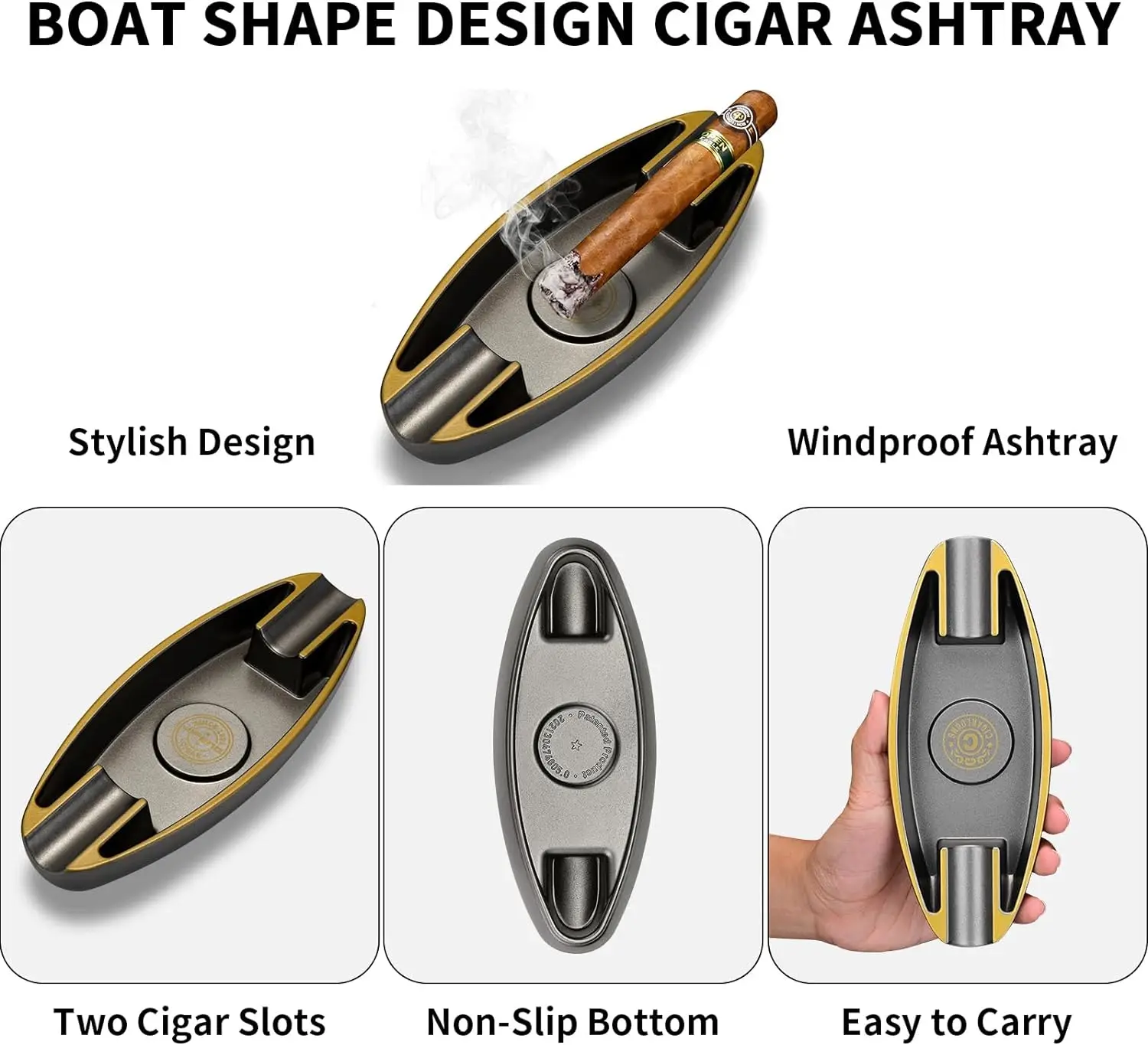 Monsoon boat shaped cigar ashtray lightweight and portable ashtray luxurious and atmospheric dual slot for home office outdoor portable ashtray,cigarettes ashtray,silicone ashtray,stainless steel ashtray,metal ashtray,air purifier ashtray,wood ashtray,ceramic ashtray