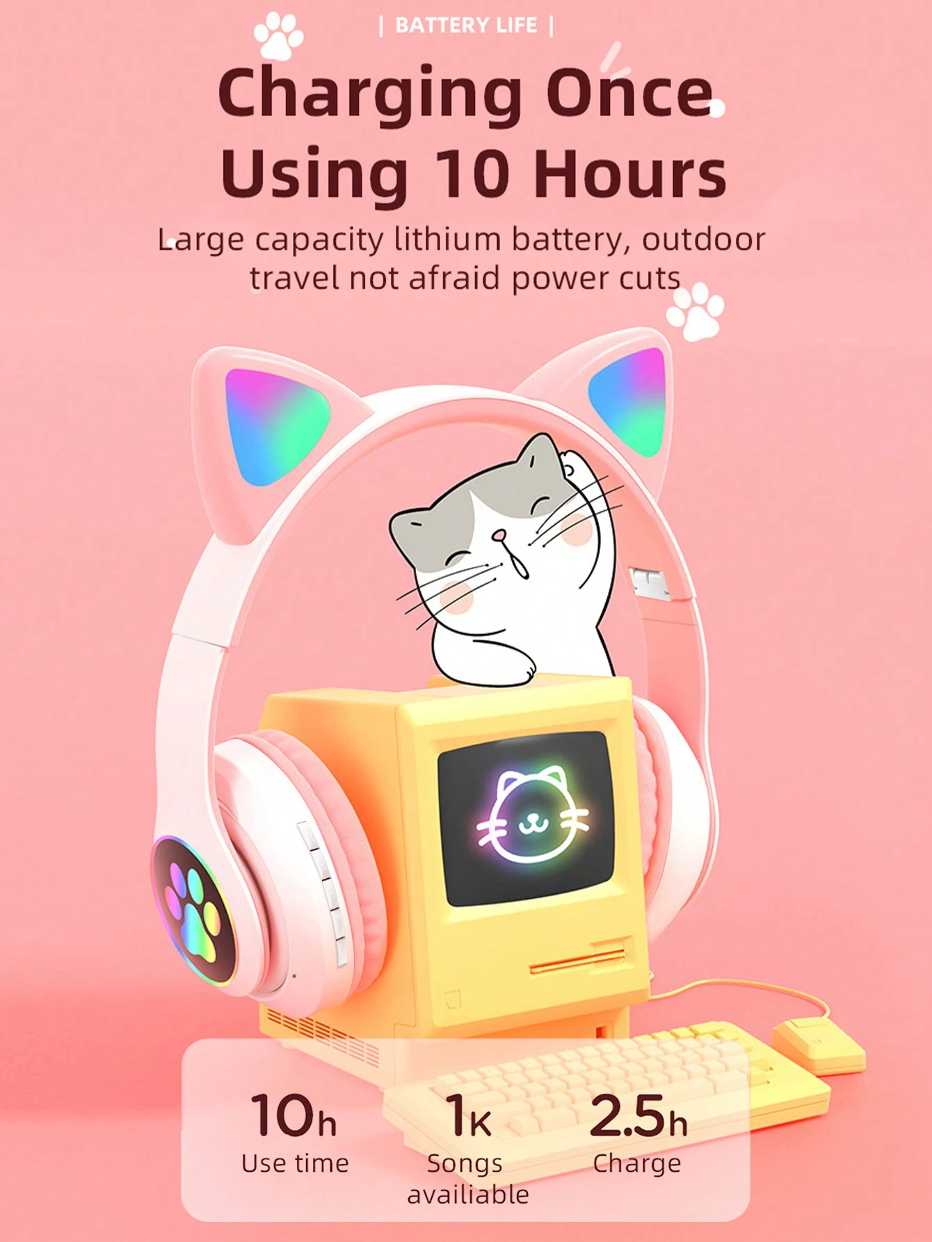 Cute LED Glowing Cat Ear Bluetooth Headphones Long Lasting Battery Deep Bass Foldable Wireless Sports Headset_voghion.com
