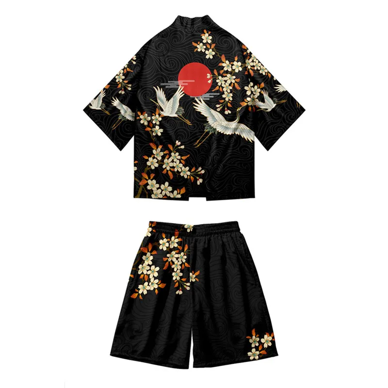 Two-piece Suit Japanese Kimono Cardigan Shorts Set Print Dragon Men Women Shirt Tradition Yukata Haori Obi Coaplay Costume japanese kimono japanese kimono cardigan