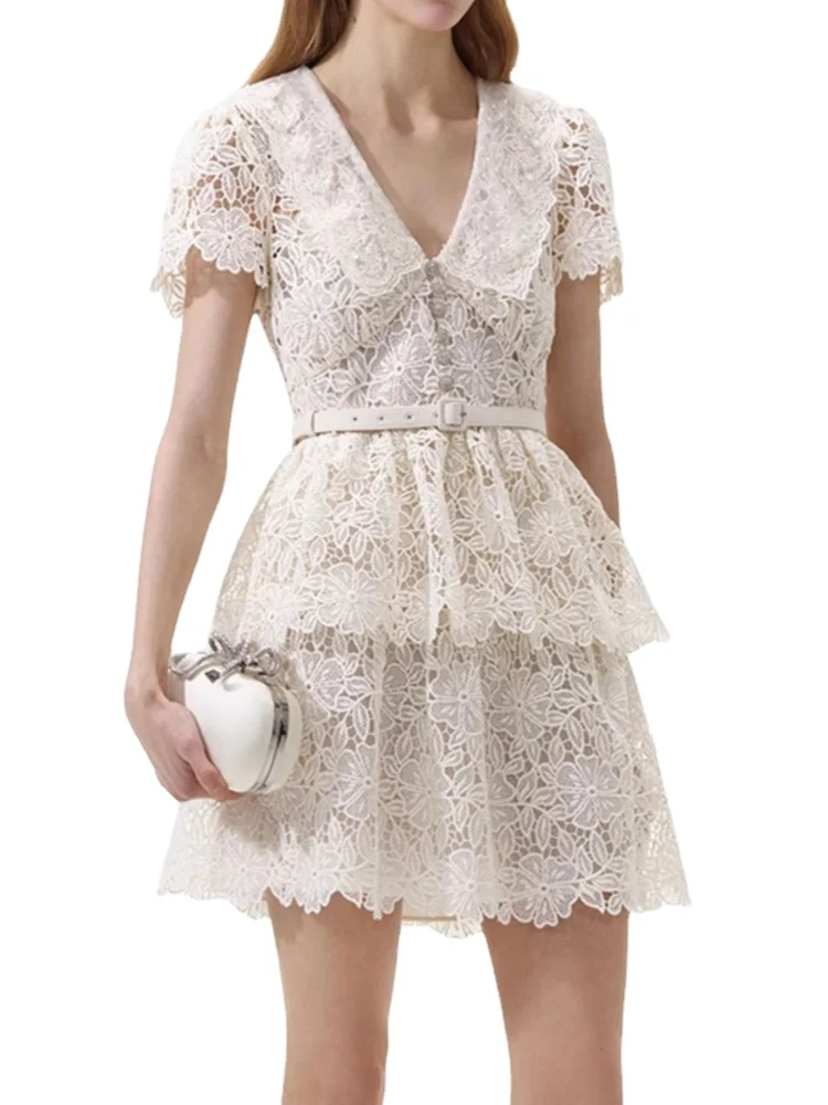 High Quality 2024 New in Summer Ivory White Short Sleeved Peter Pan Collar Gauze Lace Cake Dress Women Cute Birthday Party Dress