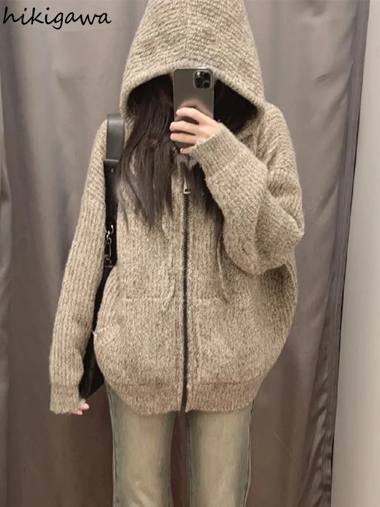 2025 Wimter Clothing Knitwear Cardigan Coats Sueter Mujer Hooded Zipper Pull Femme Knit Thicked Fashion Oversized Sweater Tops 1